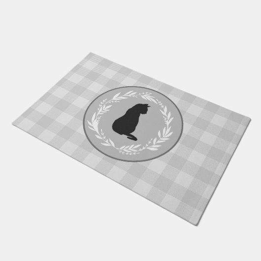 Black Cat Silhouette Buffalo Karo Pattern Grau Fußmatte (Schrägansicht)