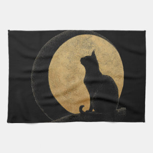 Black Cat Silhouette gegen den Goldenen Mond Geschirrtuch