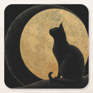 Black Cat Silhouette gegen den Goldenen Mond Rechteckiger Pappuntersetzer