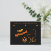 Black Cat Silhouette Neon Happy Halloween Postkarte (Stehend Vorderseite)