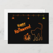 Black Cat Silhouette Neon Happy Halloween Postkarte (Vorne/Hinten)