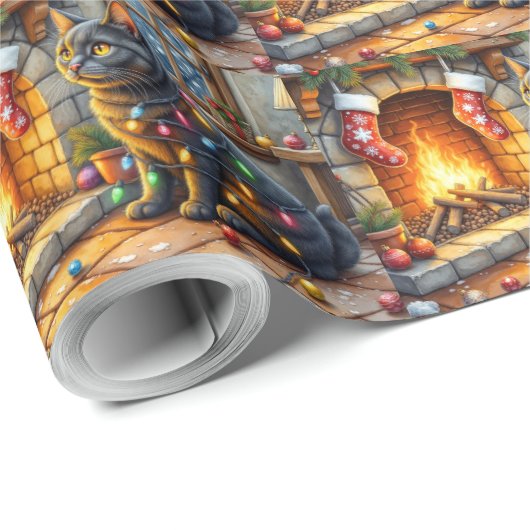Black Cat Sitting Fireplace with Christmas Lights Geschenkpapier (Rolleneckpunkt)