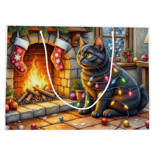 Black Cat Sitting Fireplace with Christmas Lights Große Geschenktüte (Rückseite)