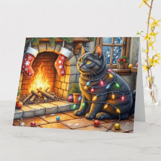Black Cat Sitting Fireplace with Christmas Lights Karte (Gelbe Blume)