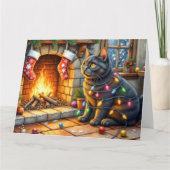 Black Cat Sitting Fireplace with Christmas Lights Karte (Vorderseite)