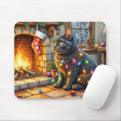 Black Cat Sitting Fireplace with Christmas Lights Mousepad (Mit Mouse)
