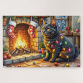 Black Cat Sitting Fireplace with Christmas Lights Puzzle (Horizontal)