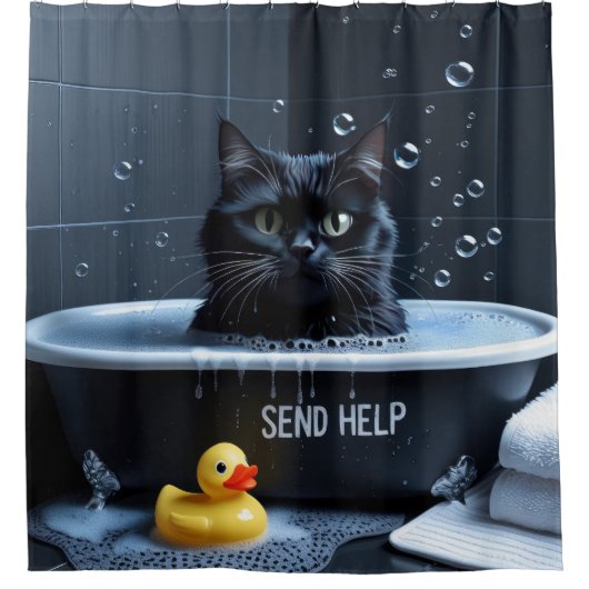 Black Cat Sloppy Sleepy Niedlich Funny Duschvorhang (Vorderseite)