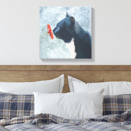 Black Cat Sniffing Blume Leinwanddruck (Insitu (Schlafzimmer))