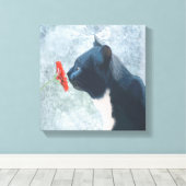 Black Cat Sniffing Blume Leinwanddruck (Insitu (Holzboden))