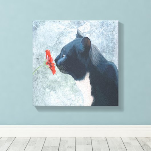 Black Cat Sniffing Blume Leinwanddruck (Insitu (Holzboden))