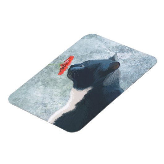Black Cat Sniffing Blume Magnet (Linke Seite)