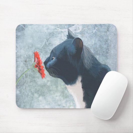 Black Cat Sniffing Blume Mousepad (Mit Mouse)