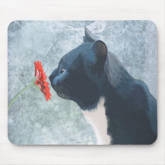 Black Cat Sniffing Blume Mousepad (Vorne)