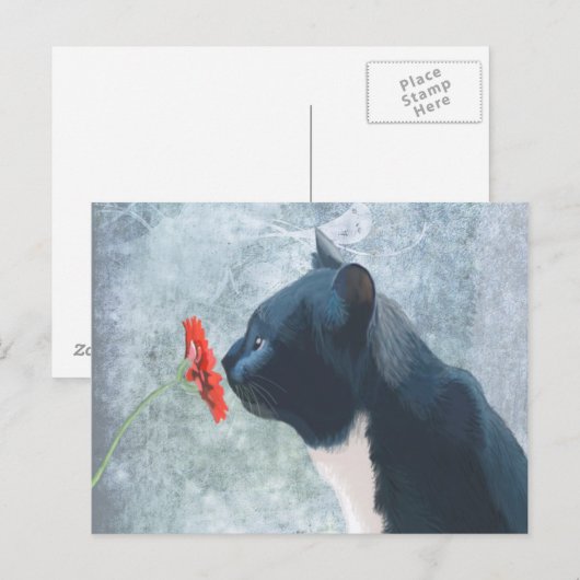 Black Cat Sniffing Blume Postkarte (Vorne/Hinten)