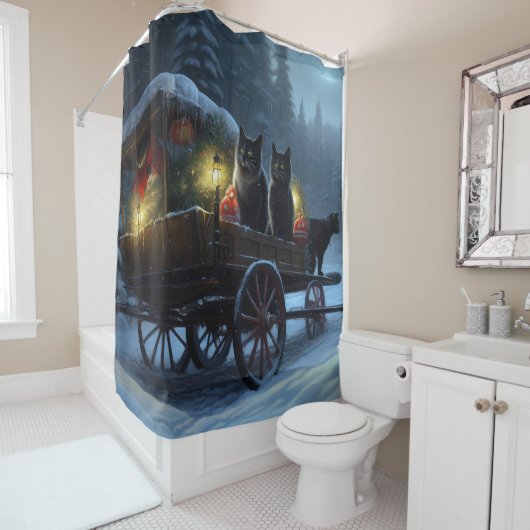 Black Cat Snowy Sleigh Ride Weihnachtsdekor Duschvorhang (Beispiel)