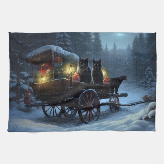 Black Cat Snowy Sleigh Ride Weihnachtsdekor Geschirrtuch (Horizontal)