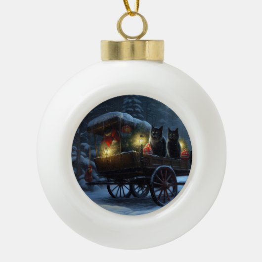 Black Cat Snowy Sleigh Ride Weihnachtsdekor Keramik Kugel-Ornament (Vorderseite)