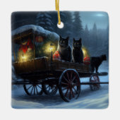 Black Cat Snowy Sleigh Ride Weihnachtsdekor Keramikornament (Vorderseite)