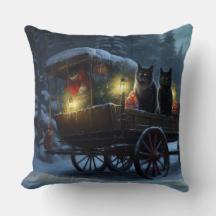Black Cat Snowy Sleigh Ride Weihnachtsdekor Kissen