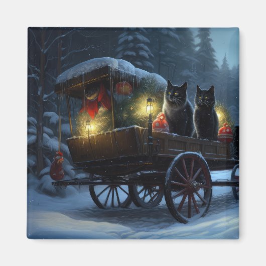 Black Cat Snowy Sleigh Ride Weihnachtsdekor Magnet (Vorne)