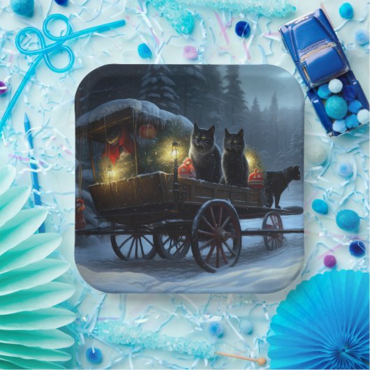 Black Cat Snowy Sleigh Ride Weihnachtsdekor Pappteller (Party)
