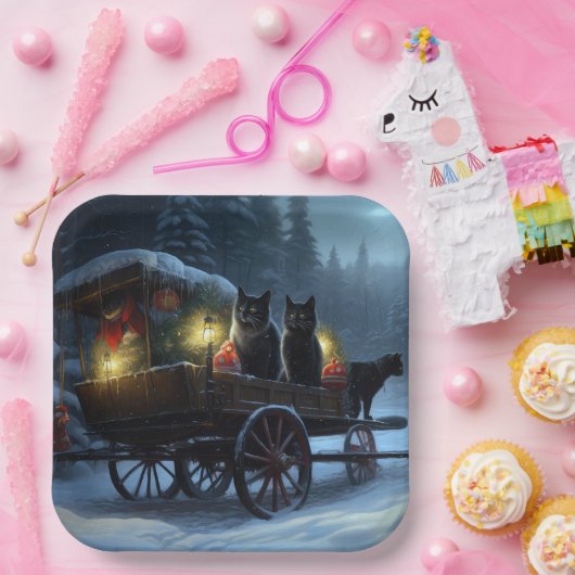 Black Cat Snowy Sleigh Ride Weihnachtsdekor Pappteller (Party)