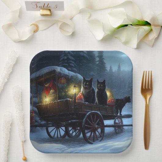 Black Cat Snowy Sleigh Ride Weihnachtsdekor Pappteller (Hochzeit)