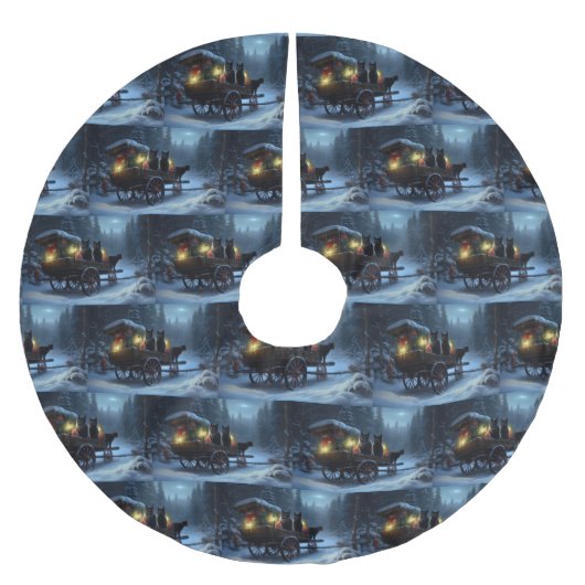 Black Cat Snowy Sleigh Ride Weihnachtsdekor Polyester Weihnachtsbaumdecke (Vorderseite)