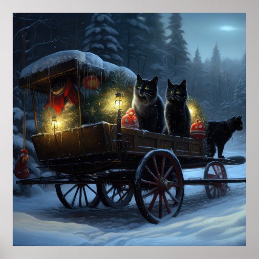 Black Cat Snowy Sleigh Ride Weihnachtsdekor Poster (Vorne)