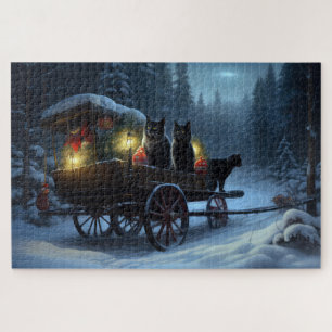 Black Cat Snowy Sleigh Ride Weihnachtsdekor Puzzle