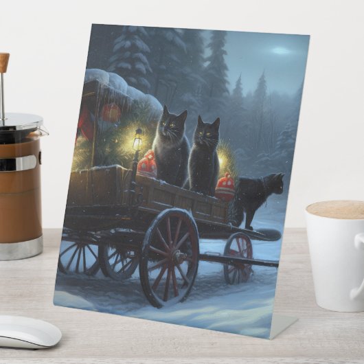 Black Cat Snowy Sleigh Ride Weihnachtsdekor Sockelschild (In Situ)