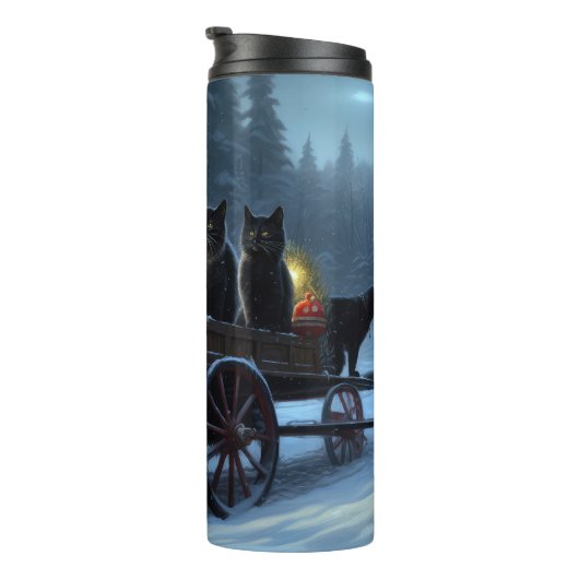 Black Cat Snowy Sleigh Ride Weihnachtsdekor Thermosbecher (Nach rechts gedreht)