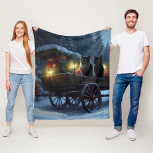 Black Cat Snowy Sleigh Ride Weihnachtsdekoration Fleecedecke