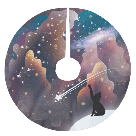 Black Cat Space Shooting Star Polyester Weihnachtsbaumdecke (Vorderseite)