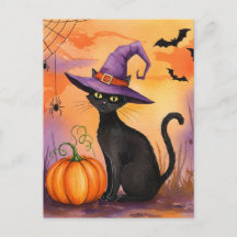 Black Cat Spiders Pumpkin Bats Halloween Postcard
