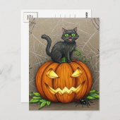 Black Cat Spiders Pumpkin Halloween Postcard Postkarte (Vorne/Hinten)