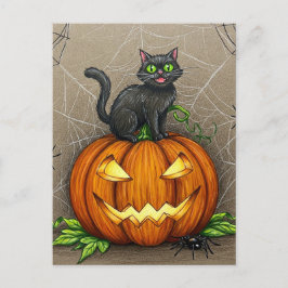 Black Cat Spiders Pumpkin Halloween Postcard Postkarte