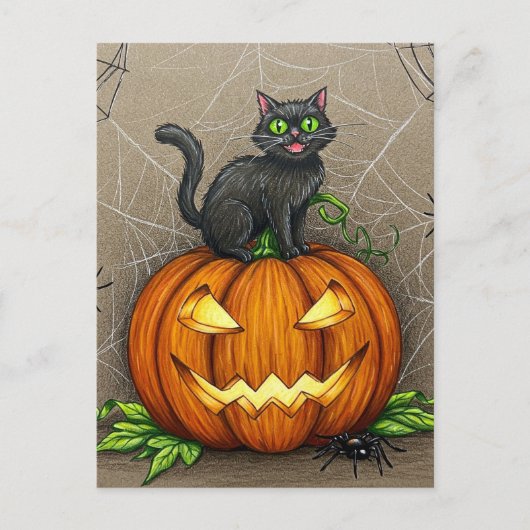 Black Cat Spiders Pumpkin Halloween Postcard Postkarte (Vorderseite)