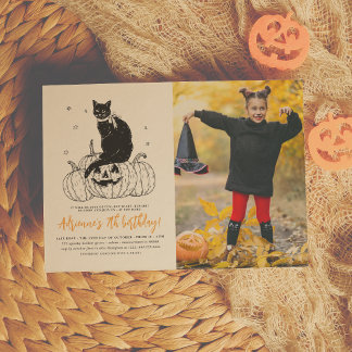 Black Cat Spooky Halloween Pumpkin Foto Geburtstag Einladung