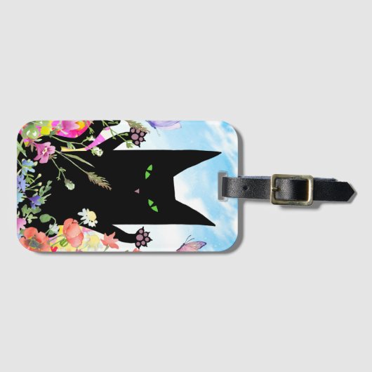 Black Cat Spring Fever: Kitty and Flowers Gepäckanhänger (Vorderseite (Horizontal))