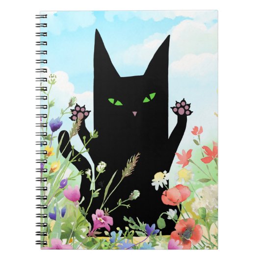 Black Cat Spring Fever: Kitty and Flowers Notizblock (Vorderseite)