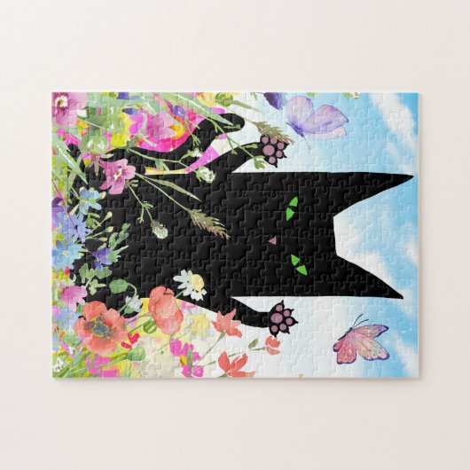 Black Cat Spring Fever:  Kitty and Flowers Puzzle (Horizontal)