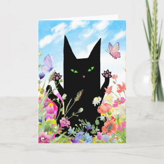 Black Cat Spring Greeting Card:  Kitty and Flowers Karte