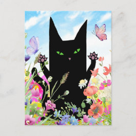 Black Cat Spring Greeting Card:  Kitty and Flowers Postkarte
