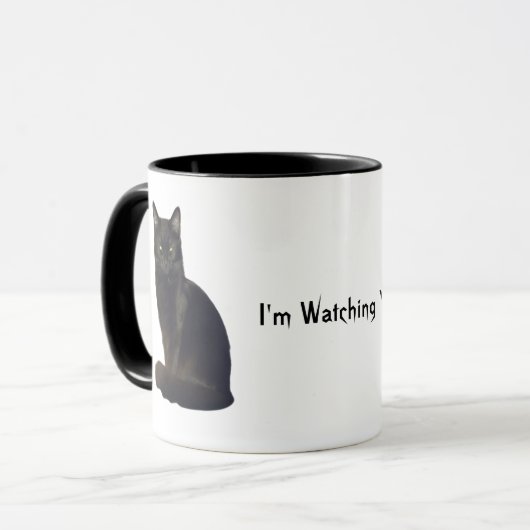 Black Cat Staring Eyes | Ich schaue dir Weiß zu Tasse (Vorderseite Links)