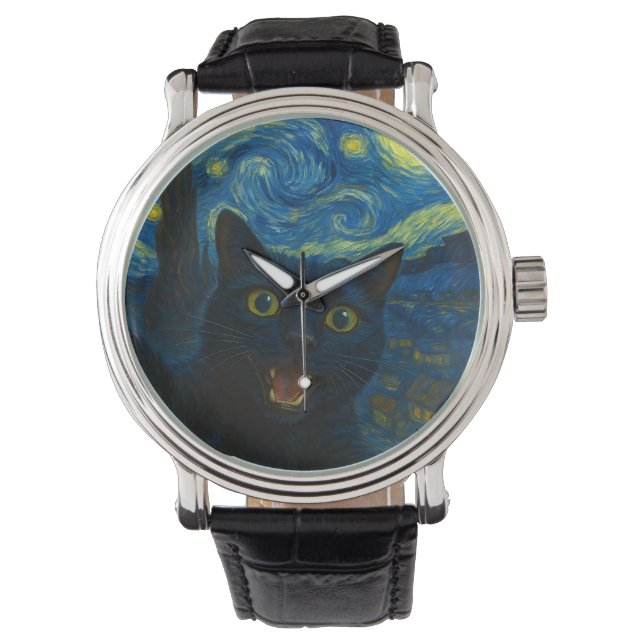 Black Cat Starry Night Van Gogh Cat Selfie Armbanduhr (Vorderseite)
