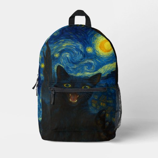 Black Cat Starry Night Van Gogh Cat Selfie Bedruckter Rucksack (Vorderseite)