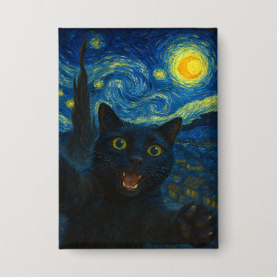 Black Cat Starry Night Van Gogh Cat Selfie Button