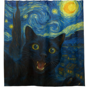Black Cat Starry Night Van Gogh Cat Selfie Duschvorhang